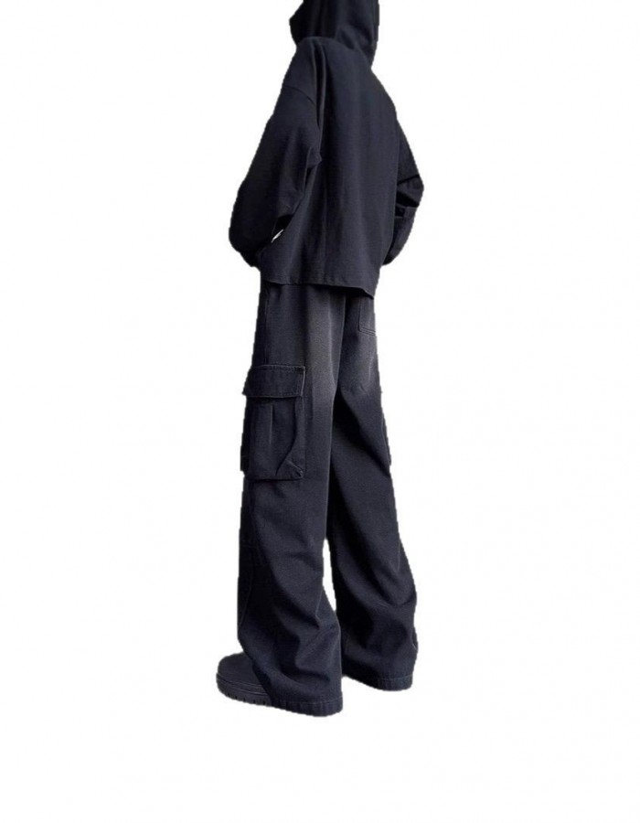 Washed Vintage Denim Men's Versatile Wide-Leg Multi-Pocket Casual Pants