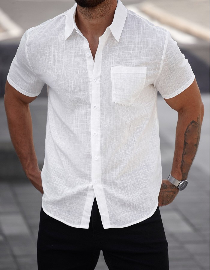 Mens Short-sleeve Cotton Shirt With A Pocket