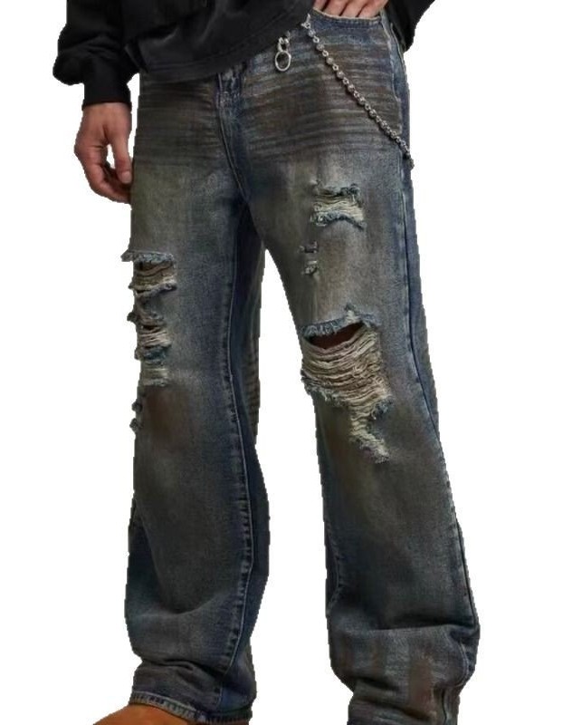 Loose Straight Slim-fit Waste Soil Blue With Holes Jeans
