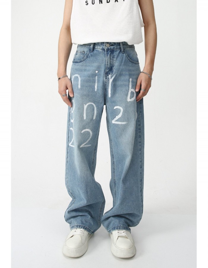 New Loose Wide-leg Mopping Jeans Personalized Digital Printing