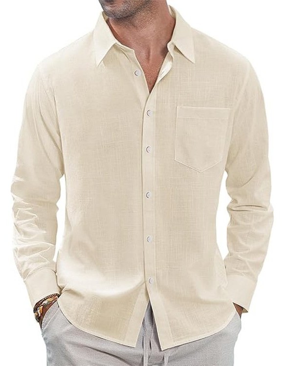 Thin Lapel-collar Linen Long-sleeve Shirt With Pockets