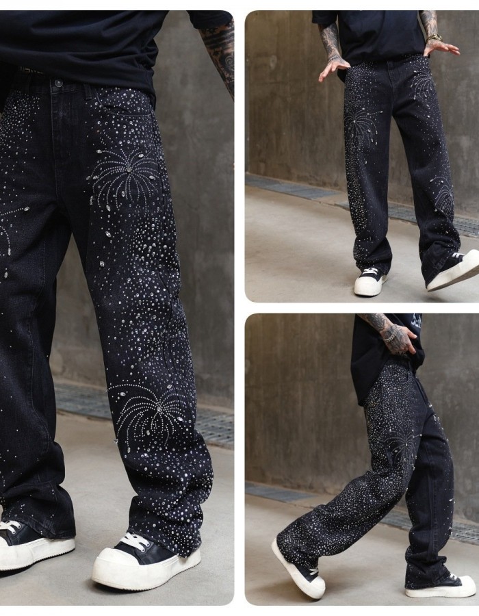Men's High Street Washed Straight Full Diamond Design Jeans