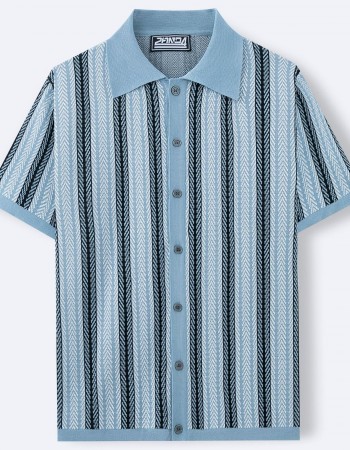 Men's Short-Sleeve Striped Knitted Cardigan Jacquard Polo Shirt