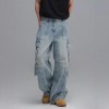 Washed Multi-Pocket Workwear Denim Jeans Mens Casual Wide-Leg Pants
