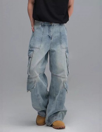 Washed Multi-Pocket Workwear Denim Jeans Mens Casual Wide-Leg Pants