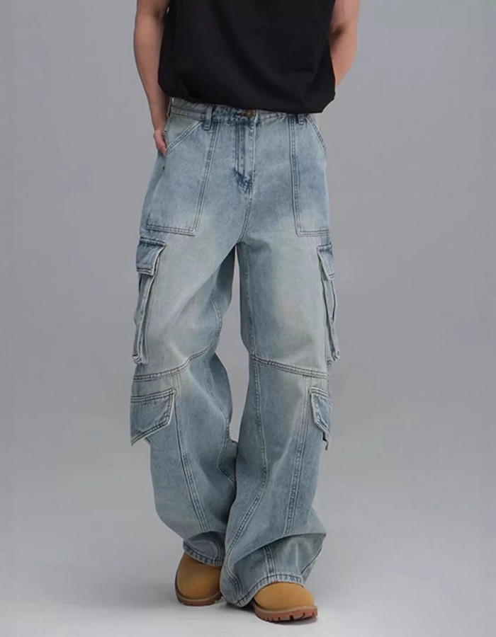 Washed Multi-Pocket Workwear Denim Jeans Mens Casual Wide-Leg Pants