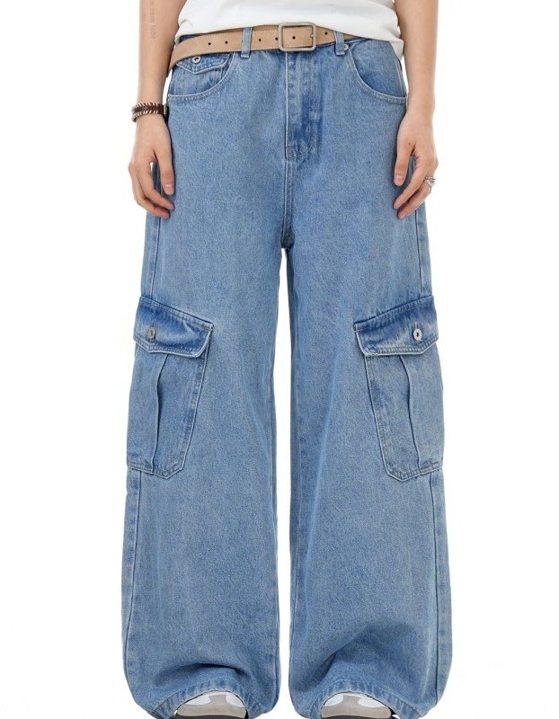 Ocean Blue Workwear Denim Jeans With Multiple Pockets Retro Style