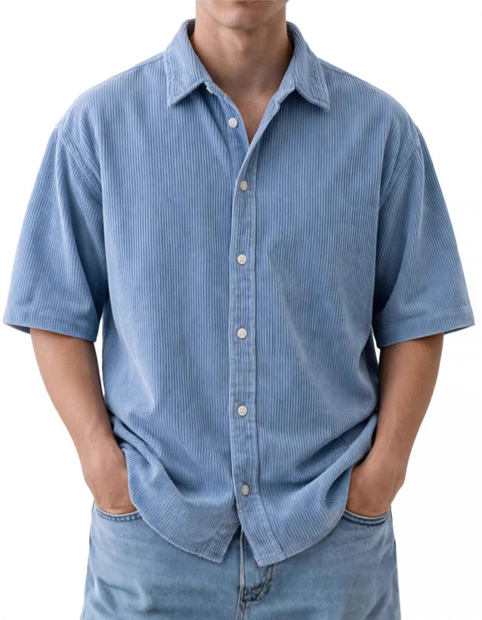 Mens Loose-Fit Solid-Color Corduroy Short-Sleeve Shirt