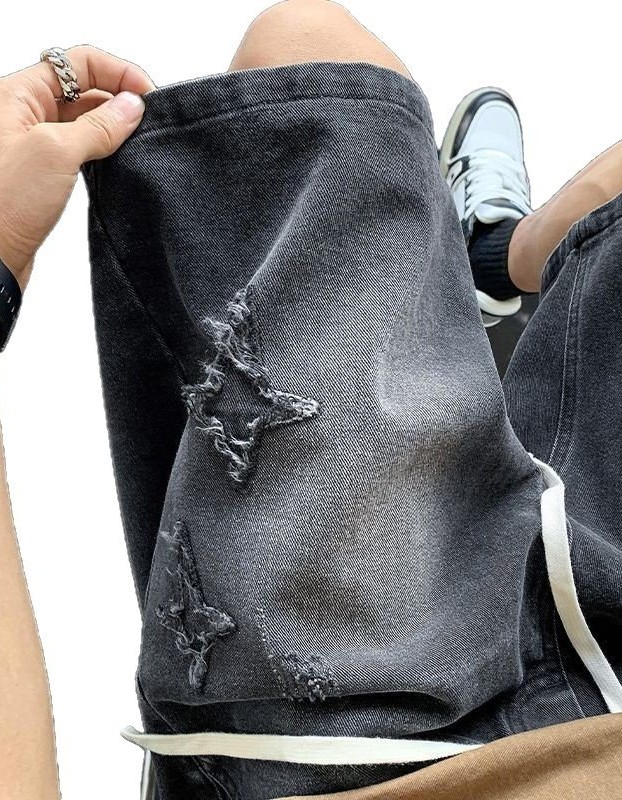 Men's Light-Colored Star-Print Raw-Hem Drawstring Cropped Denim Shorts