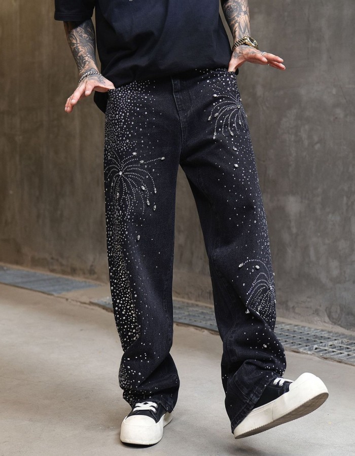 Men's High Street Washed Straight Full Diamond Design Jeans