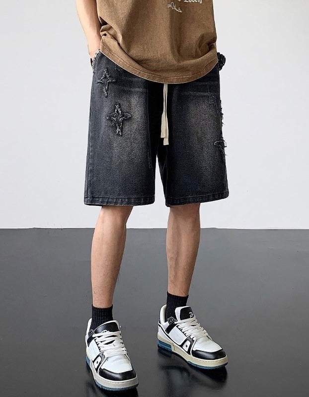 Men's Light-Colored Star-Print Raw-Hem Drawstring Cropped Denim Shorts