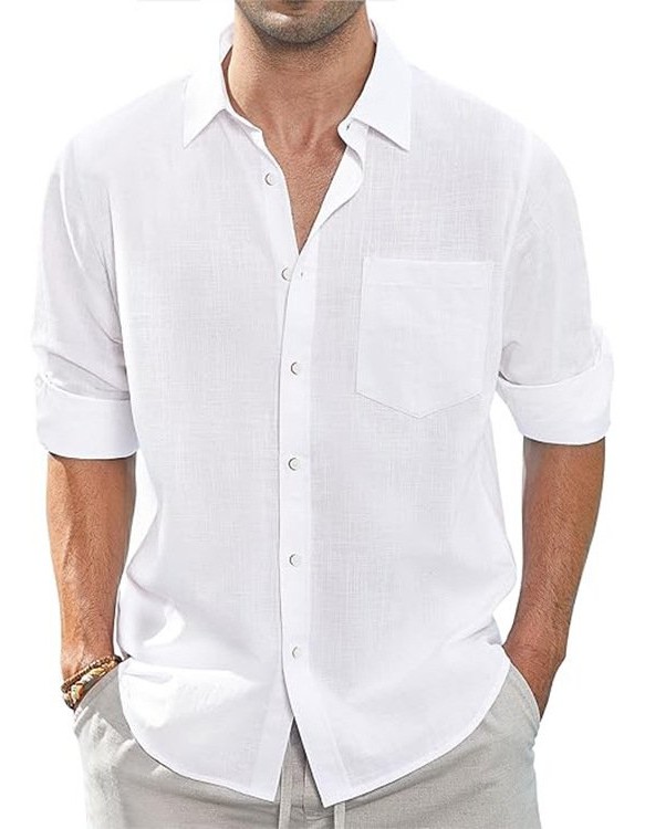 Thin Lapel-collar Linen Long-sleeve Shirt With Pockets
