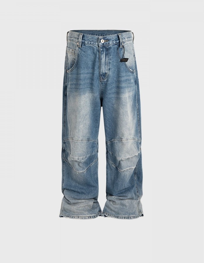 Profile Pleated BAGGY Washed White Blue Jeans