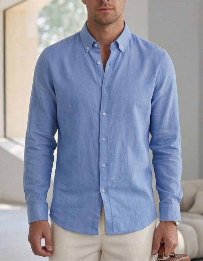 Mens Long-Sleeve Solid-Color Casual Breathable Shirt