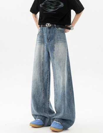 Retro Blue Denim Mens Loose Wide-leg Pants