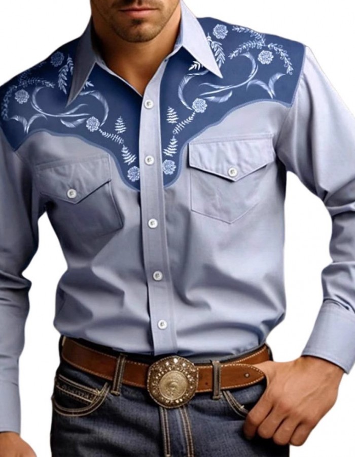 Mens Stylish Western-style Long-sleeve Shirt Top