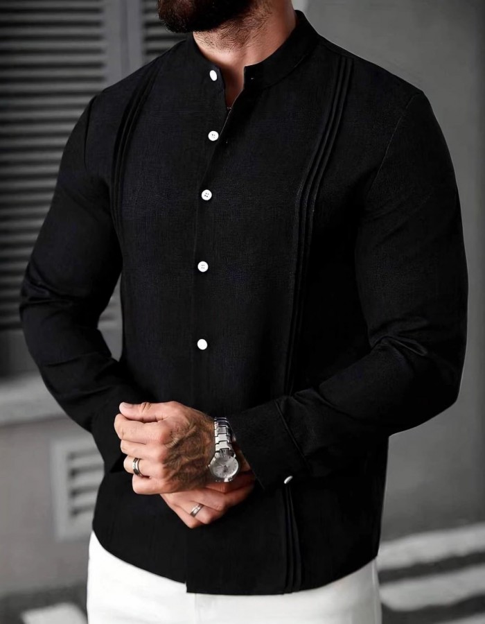 Mens Solid Color Stand Collar Single-Breasted Long-Sleeve Shirt