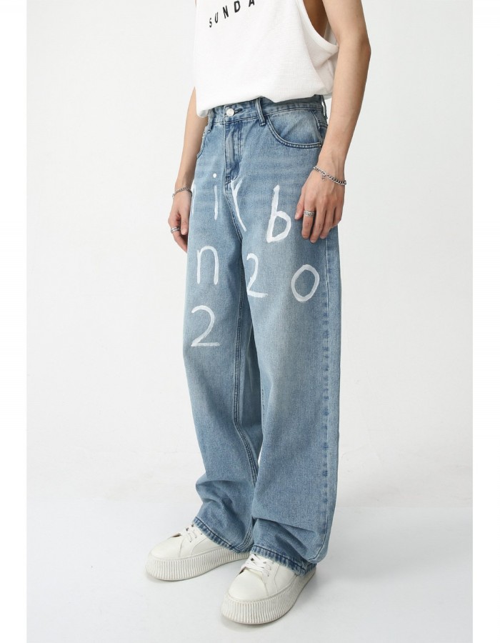 New Loose Wide-leg Mopping Jeans Personalized Digital Printing