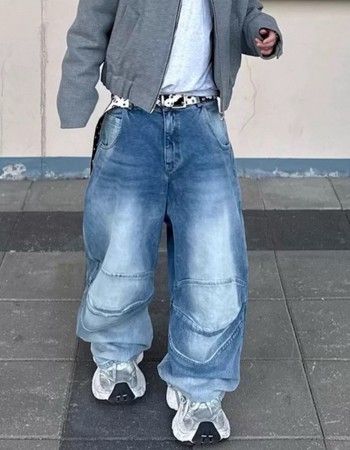 Profile Pleated BAGGY Washed White Blue Jeans