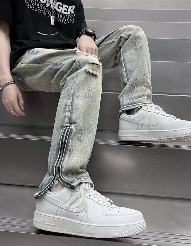 Mens SpringSummer Loose-Fit Denim Jeans With A Side Zipper