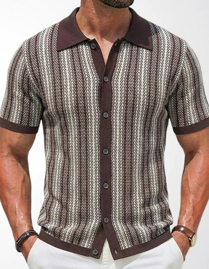 Men's Short-Sleeve Striped Knitted Cardigan Jacquard Polo Shirt