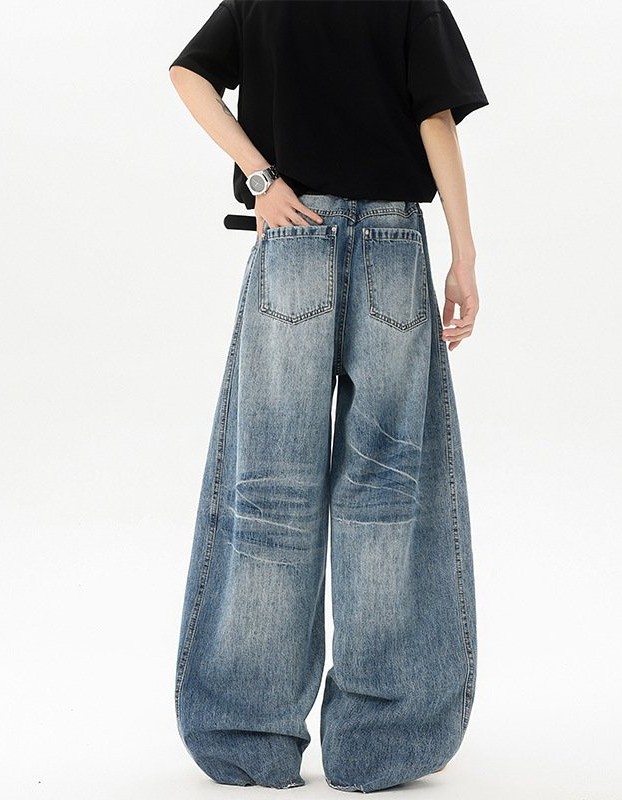 Retro Blue Denim Mens Loose Wide-leg Pants