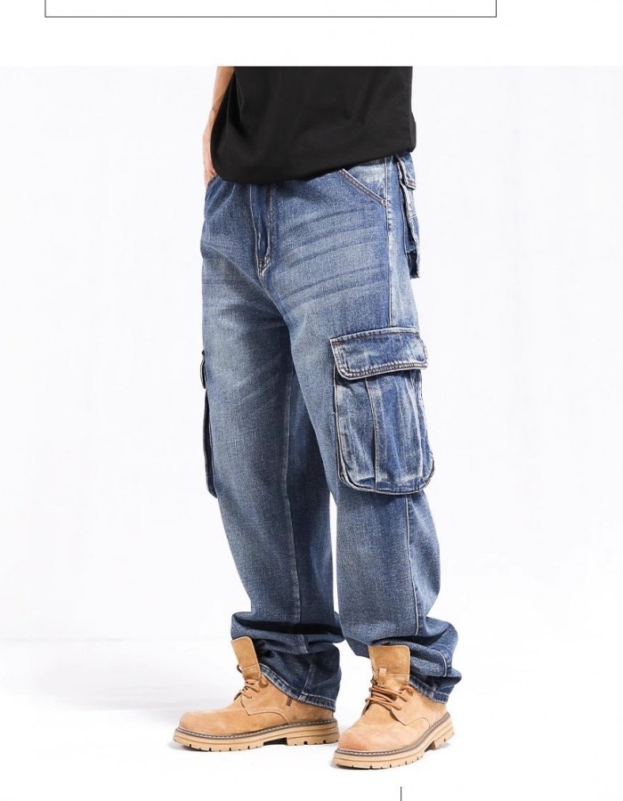 Tall Plus-size Stylish Wide-leg Jeans With Multiple Pockets