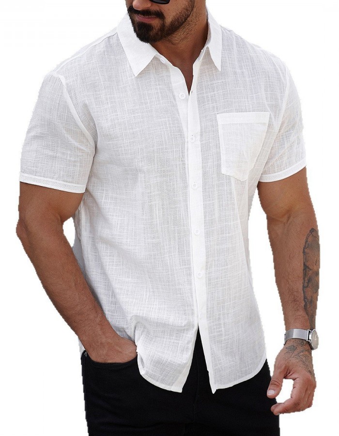 Mens Short-sleeve Cotton Shirt With A Pocket