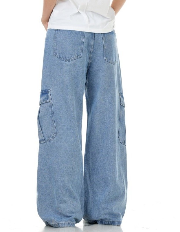 Ocean Blue Workwear Denim Jeans With Multiple Pockets Retro Style