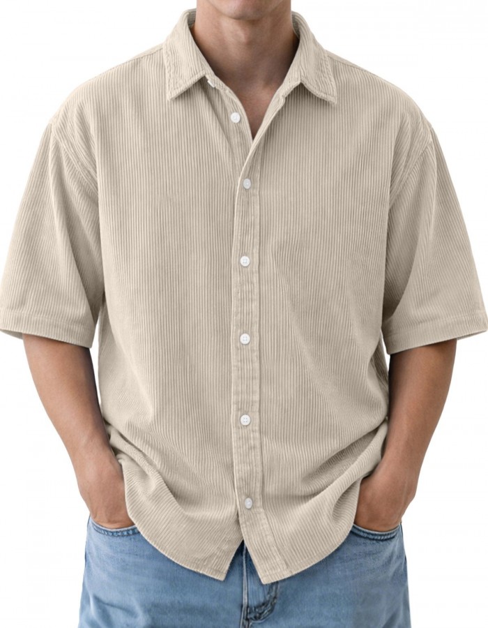 Mens Loose-Fit Solid-Color Corduroy Short-Sleeve Shirt