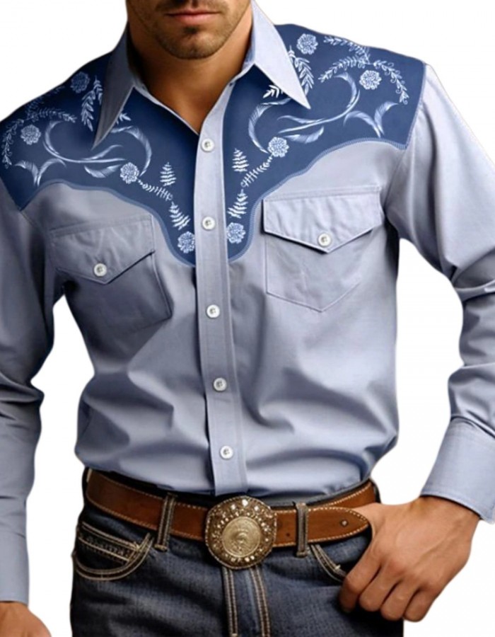 Mens Stylish Western-style Long-sleeve Shirt Top