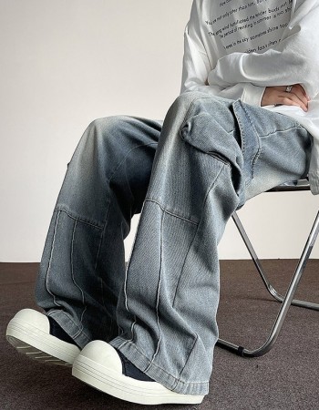 Washed Vintage Denim Men's Versatile Wide-Leg Multi-Pocket Casual Pants