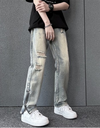 Mens SpringSummer Loose-Fit Denim Jeans With A Side Zipper