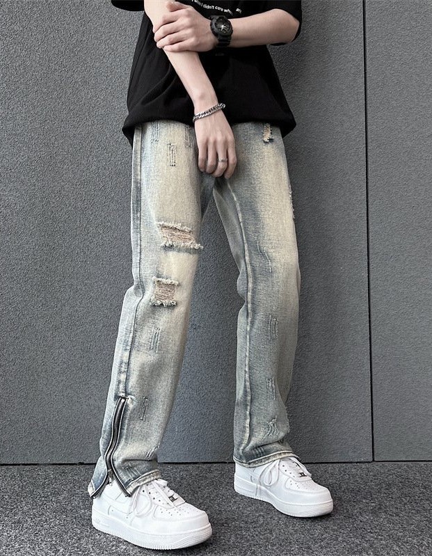 Mens SpringSummer Loose-Fit Denim Jeans With A Side Zipper