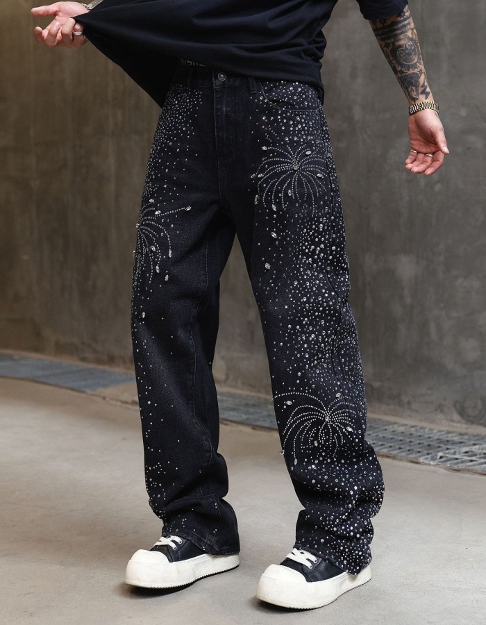 Men's High Street Washed Straight Full Diamond Design Jeans