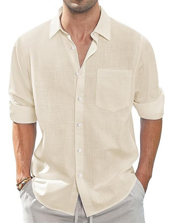 Thin Lapel-collar Linen Long-sleeve Shirt With Pockets