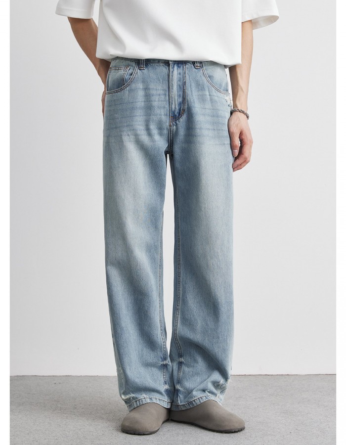 Light-wash Mens Ripped Straight-leg Jeans