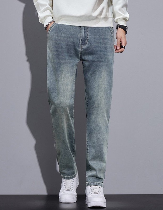 Mens Straight-Leg Loose-Fit Street-Style Wide-Leg Denim Jeans