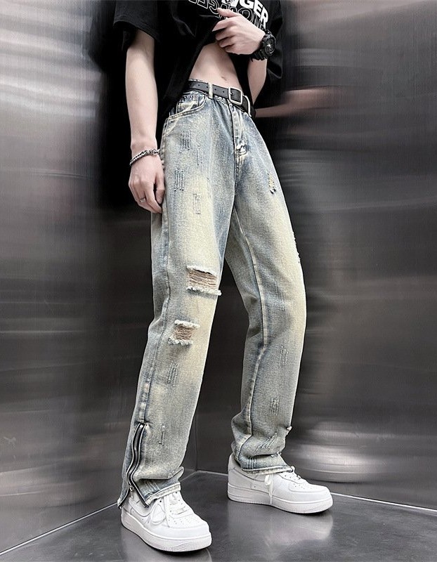 Mens SpringSummer Loose-Fit Denim Jeans With A Side Zipper