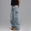 Washed Multi-Pocket Workwear Denim Jeans Mens Casual Wide-Leg Pants