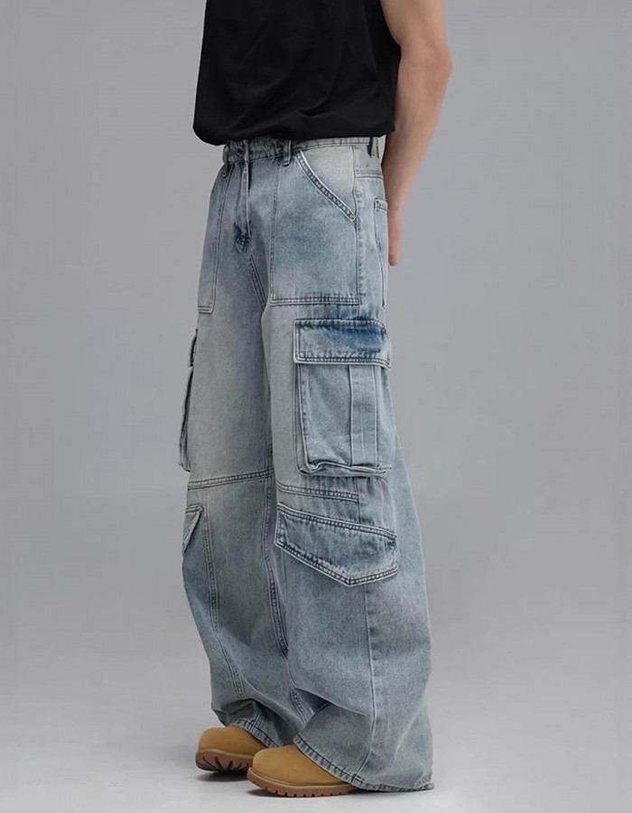 Washed Multi-Pocket Workwear Denim Jeans Mens Casual Wide-Leg Pants