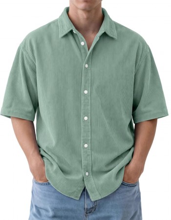Mens Loose-Fit Solid-Color Corduroy Short-Sleeve Shirt
