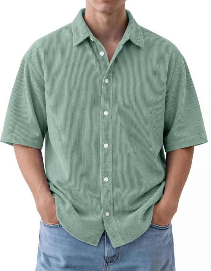 Mens Loose-Fit Solid-Color Corduroy Short-Sleeve Shirt