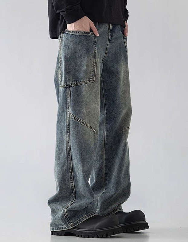 Mens Straight Leg Loose Fit Wide Leg Jeans
