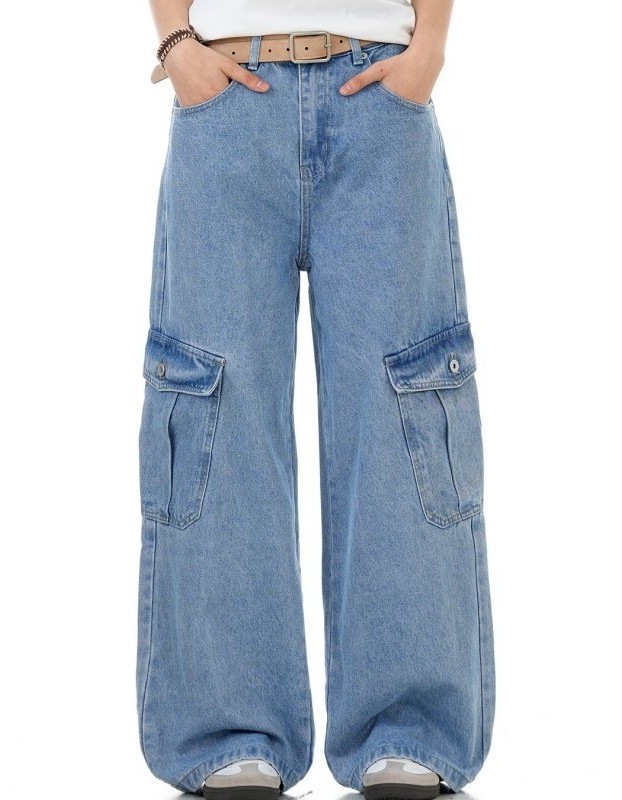 Ocean Blue Workwear Denim Jeans With Multiple Pockets Retro Style