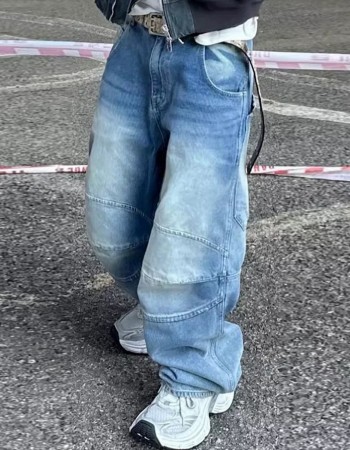 Profile Pleated BAGGY Washed White Blue Jeans