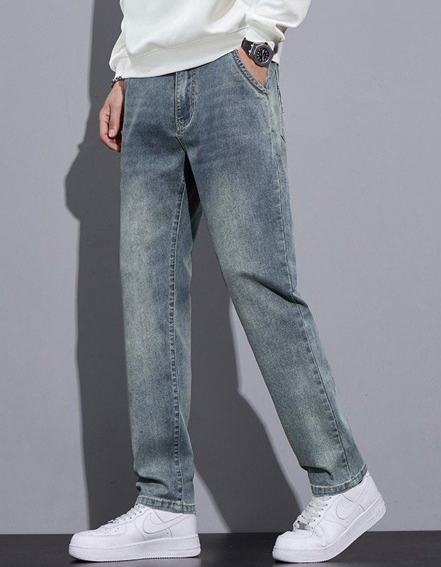Mens Straight-Leg Loose-Fit Street-Style Wide-Leg Denim Jeans