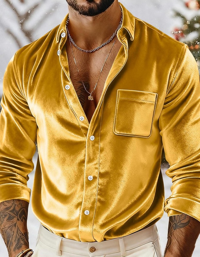 Mens Gold Velvet Button-Up Shirt