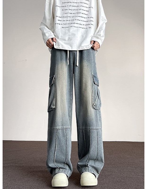 Washed Vintage Denim Men's Versatile Wide-Leg Multi-Pocket Casual Pants