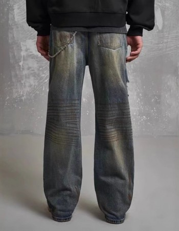 Loose Straight Slim-fit Waste Soil Blue With Holes Jeans